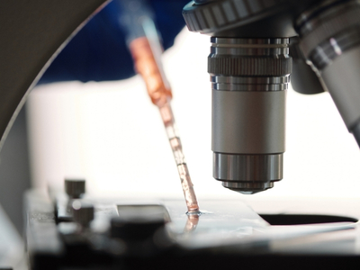 Microscópio e análise de amostras em laboratório